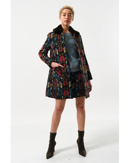 Louche Black Dryden Folk Jacquard Fur Collared Coat
