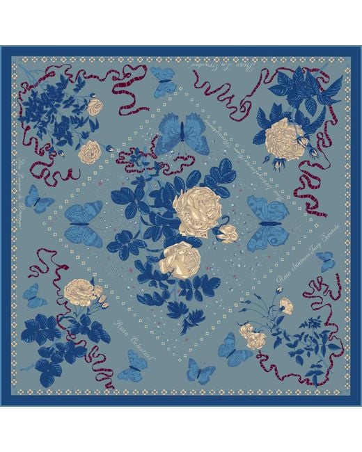 Wenzi Blue Midnight Roses Hand Painted Pattern Double Sided Silk Twill Scarf