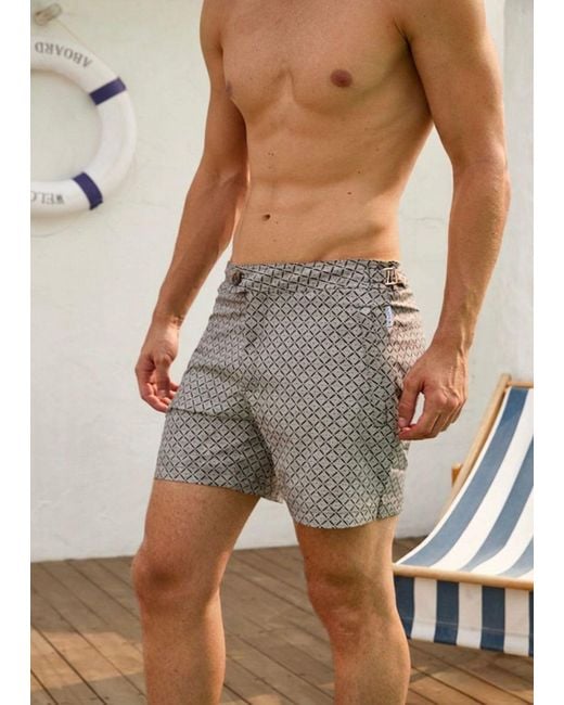 Vayla Gray Long Length Geometric Print Swim Shorts for men