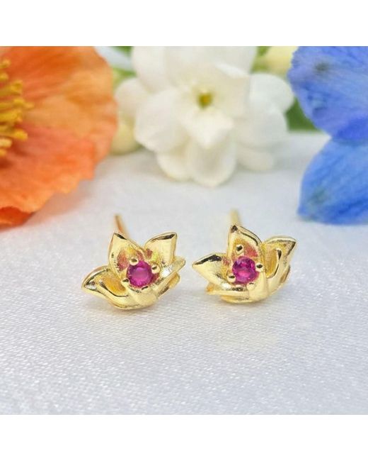 Harfi Metallic Ruby July Birthstone Larkspur Birthflower Plated Stud Earrings