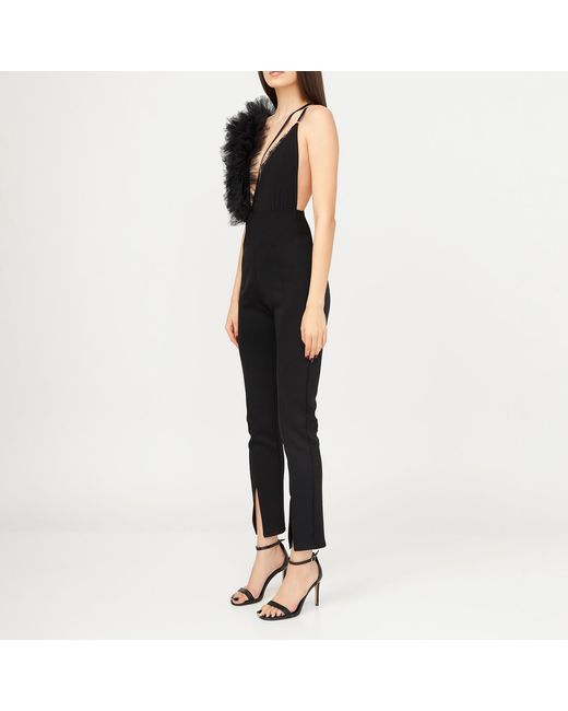 LIA ARAM Black Lace Asymmetric Ruffled Bodysuit
