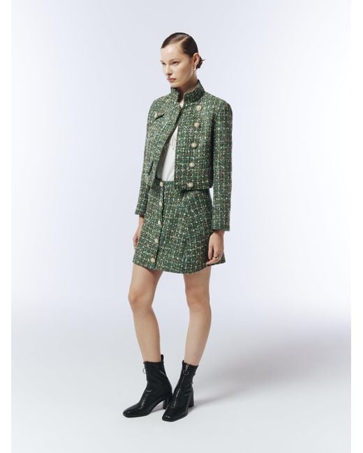 Sour Figs Green Pearl-Button Metallic Thread Bouclé Tweed Mini Skirt