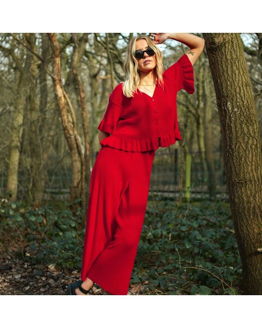 Cara & The Sky Red Martha Wide Leg Knitted Trousers Co-ord