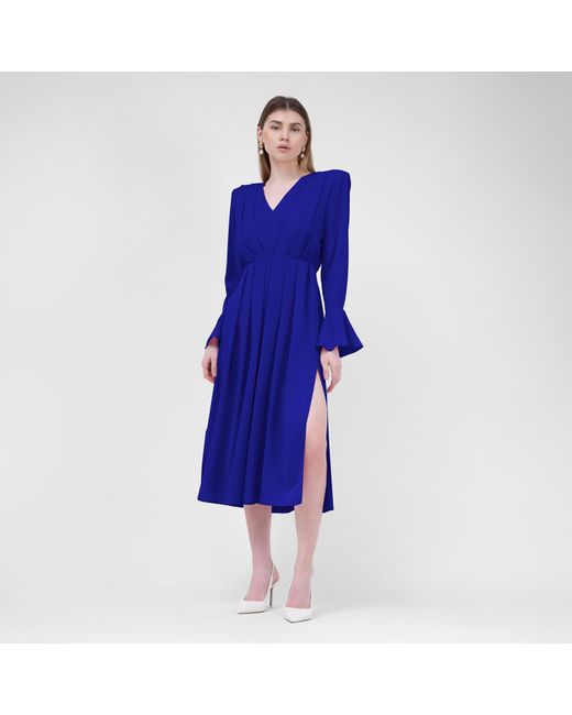 BLUZAT Blue Electric Midi Dress With Pleats And Proeminent Shoulders