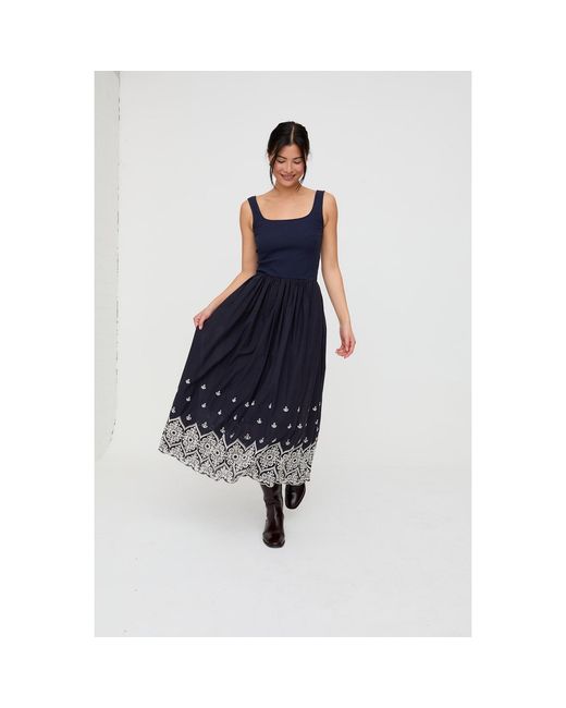 Lily and Lionel Blue Cora Sleeveless Jersey Bodice Embroidered Midi Dress