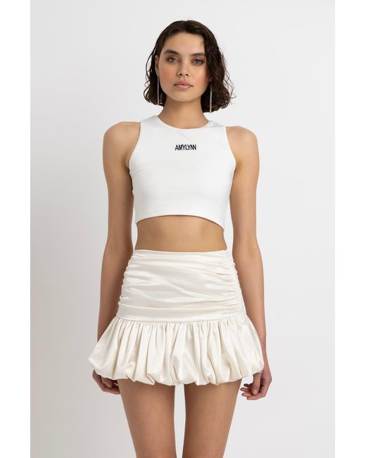 Amy Lynn White Neutrals Bella Cream Satin Puffball Mini Skirt