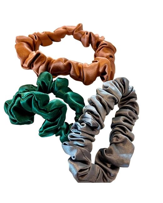 Soft Strokes Silk Green Set Of Three Pure Mulberry Silk Mini Scrunchies Weekly Special Hair Ties Autumn Jewels
