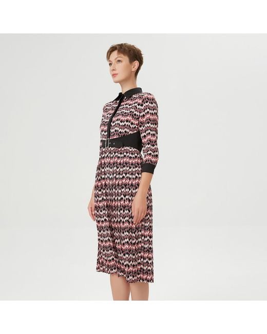 Smart and Joy Red Bi-Material Pleated Shirt Dress With Appliqué Belt & Herringbone Print