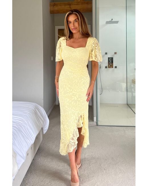 Girl In Mind Yellow Heidi Lace Ruched Midi Dress