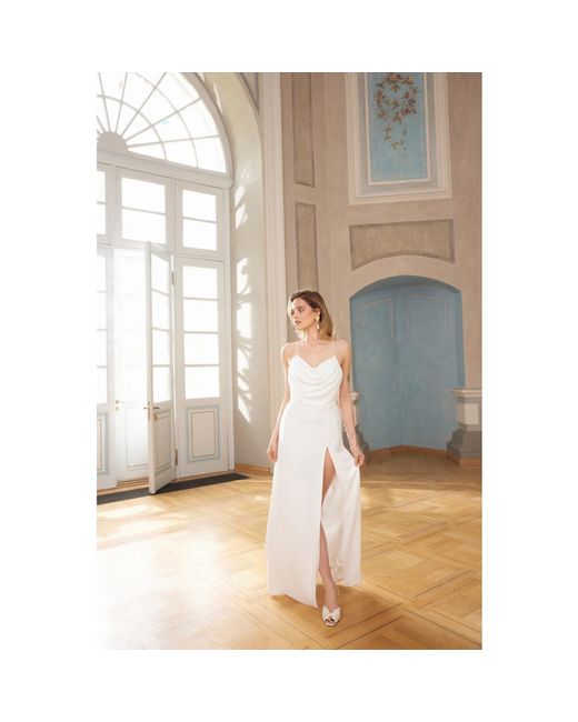 Nomi Fame White Aphrodite Draped Cowl Neck Evening Gown With Slit And Crossed Straps