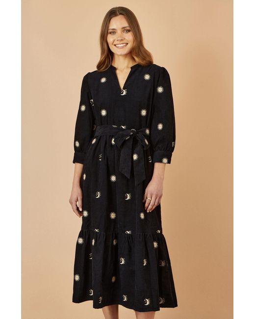 Yumi' Black Cosmic Embroidery Cord Midi Shirt Dress