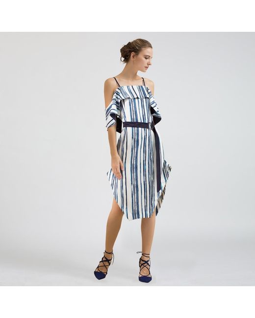 Smart and Joy Blue Stripe Print Cold Shoulder Dress