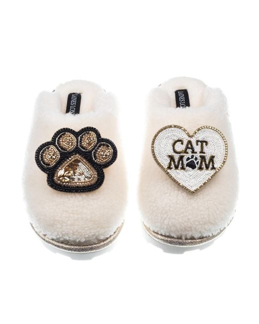 Laines London Metallic Teddy Closed Toe Slippers With Paw & Cat Mum Mom Brooches