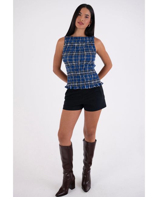 Amy Lynn Blue Sonya Pure Cotton Plaid Smocked Top