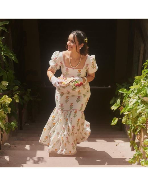 Echo of Pink White Juliet Hand Block Print Maxi Dress