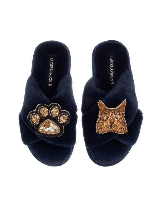Laines London Blue Classic Laines Slippers With Paw & Maine Coon Brooches