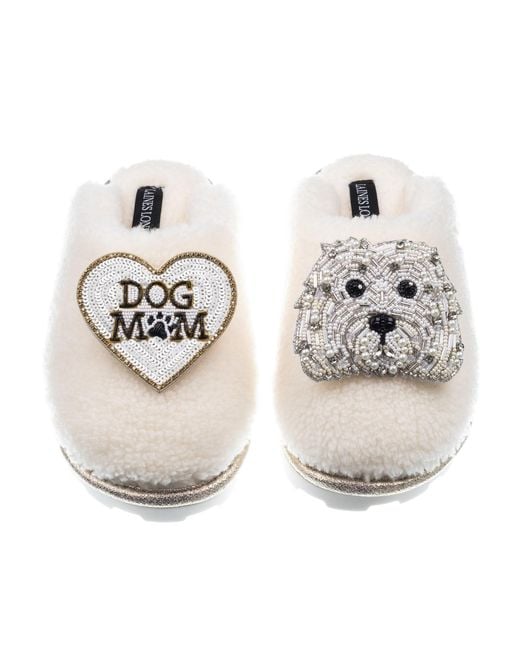 Laines London Metallic Teddy Closed Toe Slippers With Queenie The Bichon Frise & Dog Mum Mom Brooches