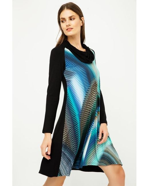 Conquista Blue A Line Print Dress With Turtle Neck