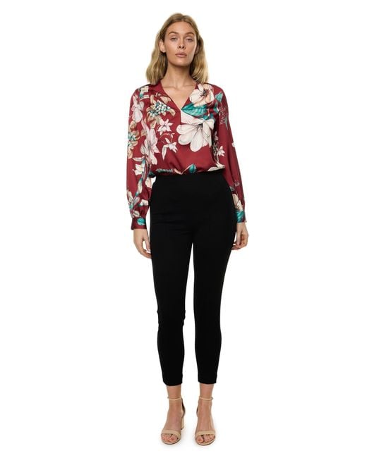 Carloslines Red V-Neck Pleat Detail Balloon Long Sleeve Blouse