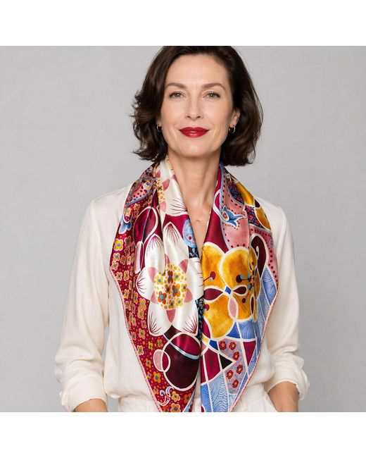 Wenzi Red Rhythms Of Bloom Hand Painted Pattern Double Sided Silk Twill Scarf