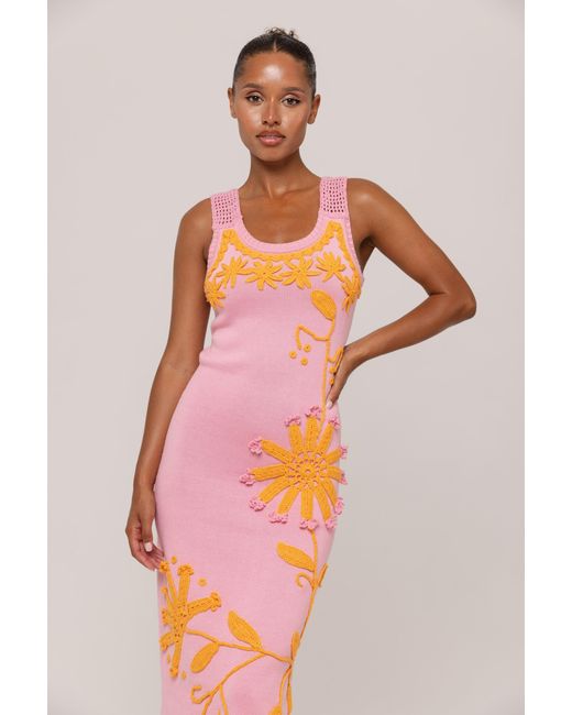 Andreeva White Golden Daisy Knit Dress With Handmade Embroidery