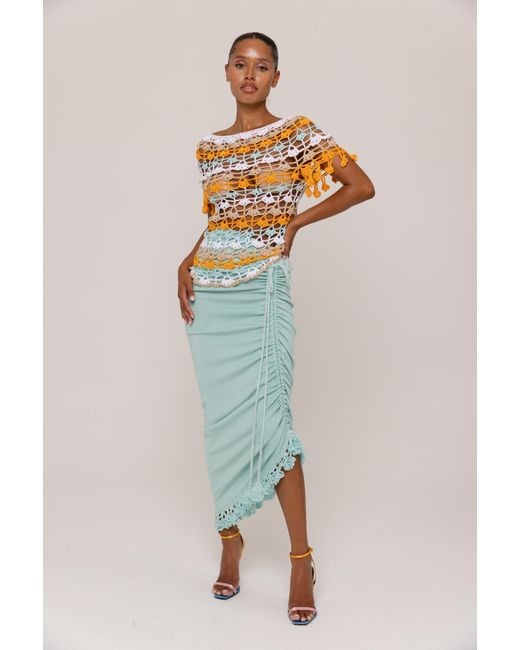 Andreeva Green Mint Carnation Knit Skirt With Handmade Embroidery