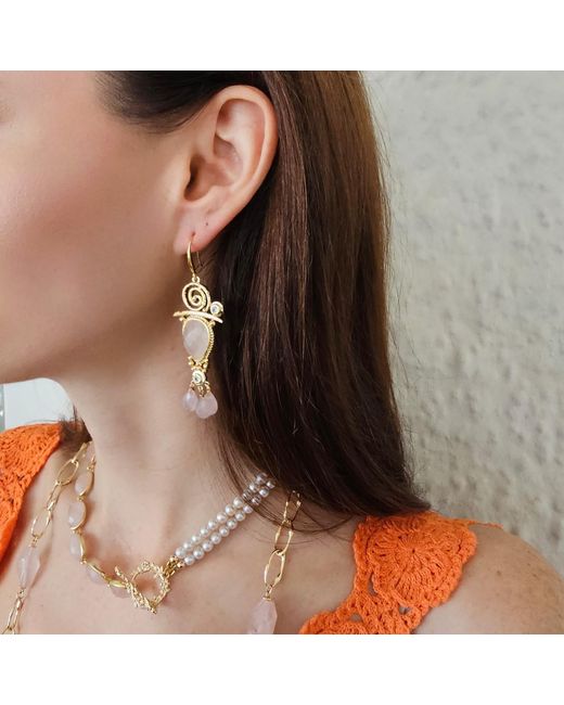 Farra Metallic Bohemian Rose Quartz Chandelier Earrings