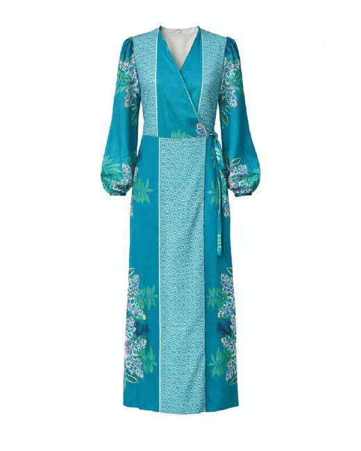 Conquista Blue Long Wrap Dress With Floral & Geometric Print