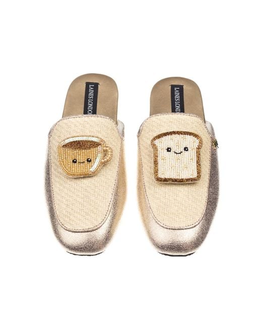 Laines London Metallic Neutrals Classic Mules With Laines Lovables Tea & Toast Broooches