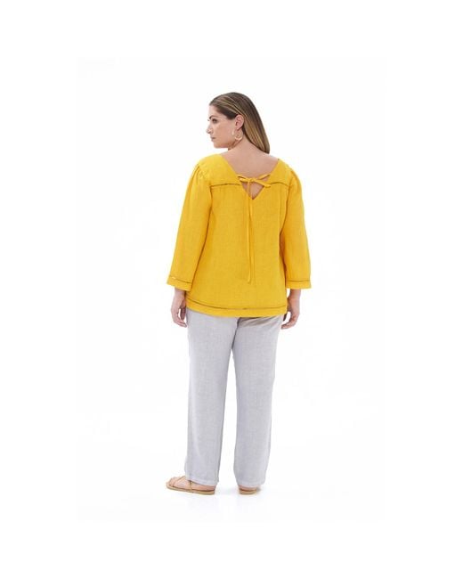 Haris Cotton Yellow Guipure Lace Insert Linen Blouse With V Neck
