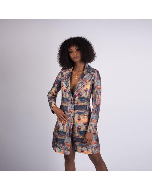 Richa Sharma Blue Abstract Print Single Breasted Blazer Dress