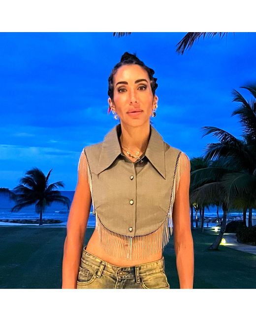 L2R THE LABEL Green Reversible Metallic Fringe Vest