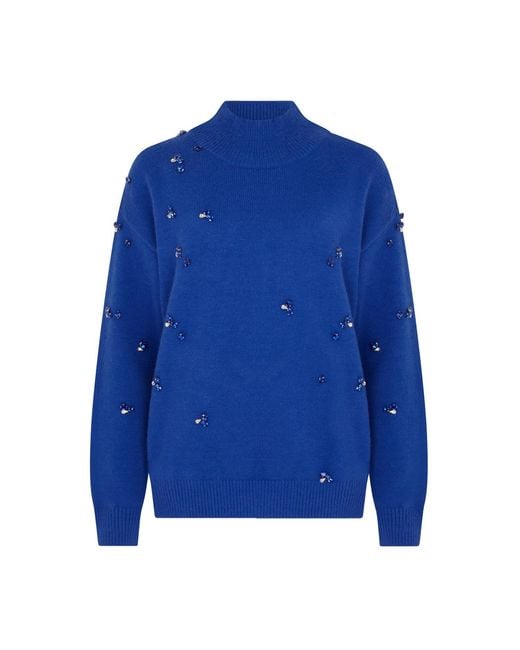 Sour Figs Blue Gemstone-Embellished High-Neck Jumper