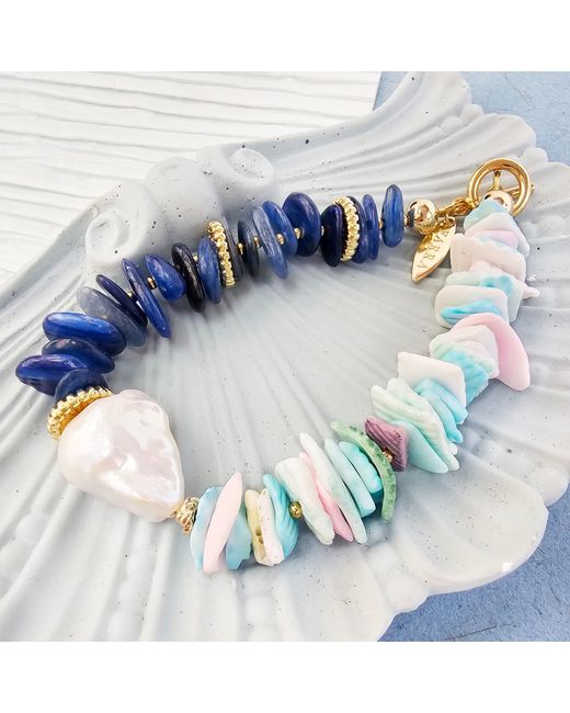 Farra Blue Kyanite And Colorful Shell With Baroque Pearl Bracelet