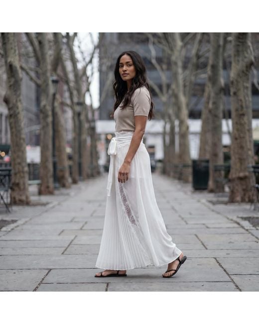 Modenaire White Sheer Lace Panel Pleated Maxi Skirt With Waist Tie Detail