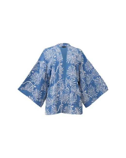 Artemis Muse Blue Ivory Embroidered Japanese Pine Needles Short Fully Lined Kimono