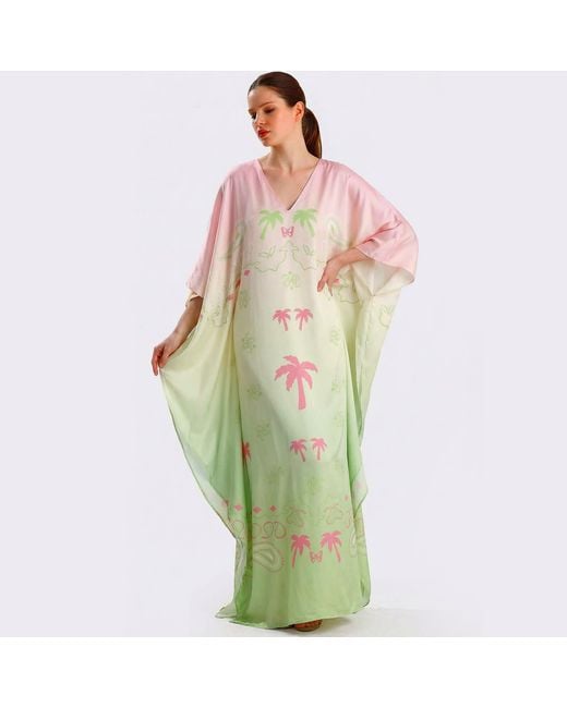 LOVEIST STORE Multicolor Island Palm Print Silky Kaftan Abaya