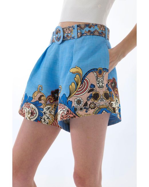 We Are Kindred Blue Evelyn Linen Belt Shorts-Aquamarine Floral
