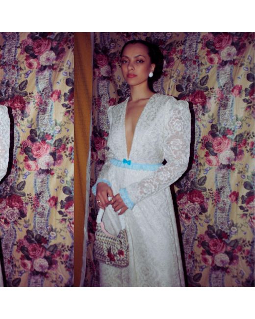 Couture to Your Door Blue Neutrals Ivory Boho Lace Wedding Party Dress