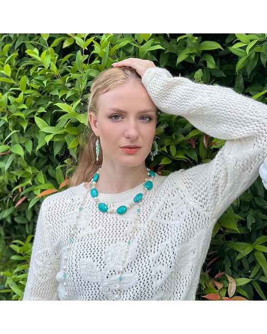 Farra Blue Oval & Freshwater Pearls Statement Necklace