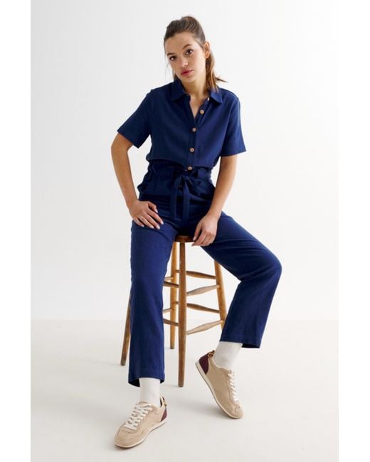 Louche Blue Justin Linen Mix Short Sleeve Jumpsuit