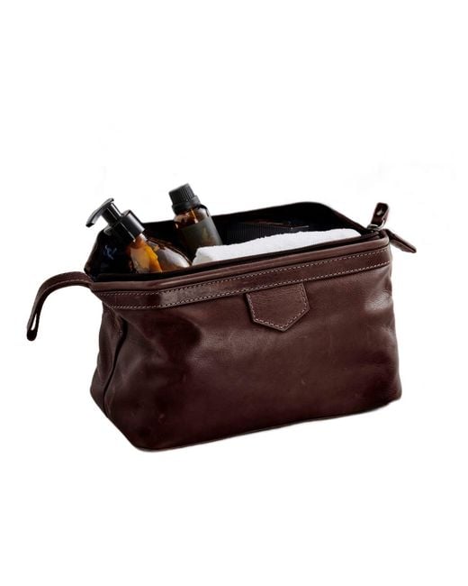 Posh Totty Designs Brown Leather Washbag With Hinged Zip Opening for men