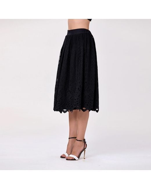 Smart and Joy Black Embroidered Cotton Midi Skirt