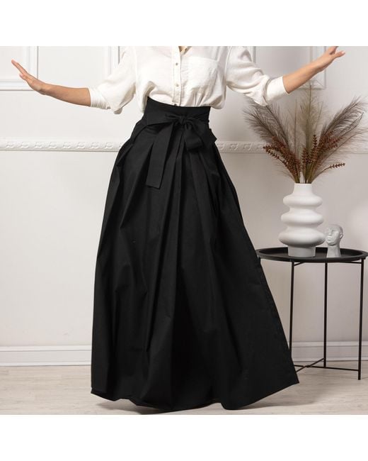 Nikka Place Black Maxi Cotton Elegant Skirt With Front Bow & High Waist