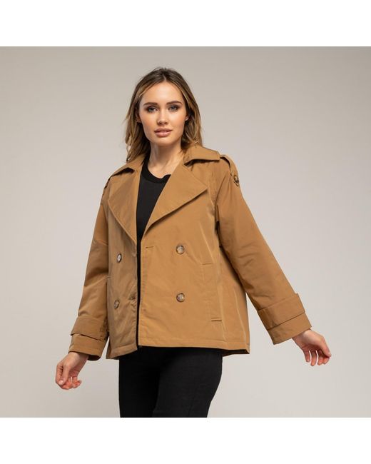 Tantra Spain Sl Brown Neutrals Short Quilted Trench Coat With Double-Breasted Buttons, Side Pockets, And Flared Back Camel