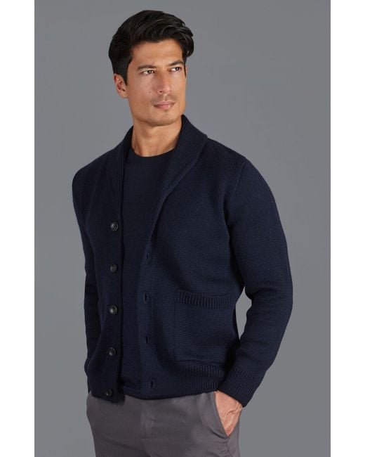 Paul James Knitwear Blue Chunky Merino Wool Marello Shawl Collar Cardigan for men