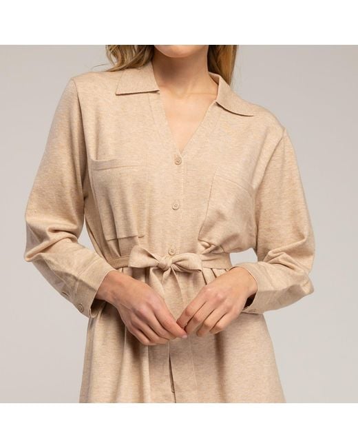 Tantra Spain Sl Natural Neutrals Long Knit Shirt Dress With Chest Pockets And Belt