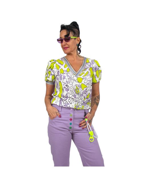 Lalipop Design Blue Puff Sleeves V-neck Blouse With Abstract Printed Front