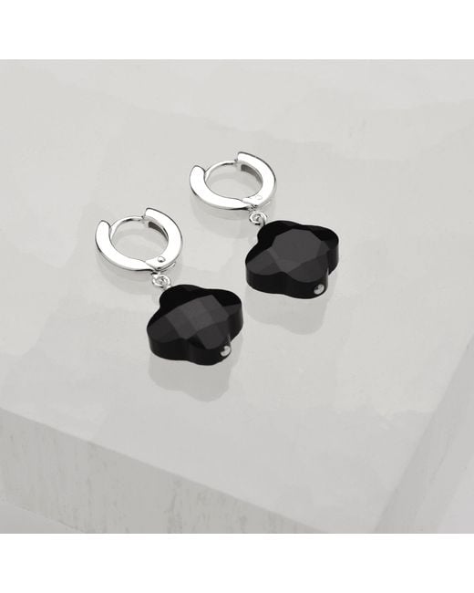 Nellou Jewellery Black Clover Gem Hoop Earrings Agate Sterling