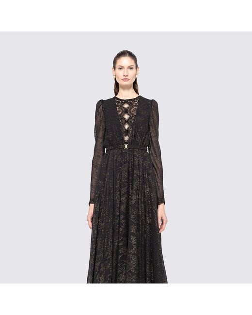 Nissa Black Lace Insert Chiffon Midi Dress